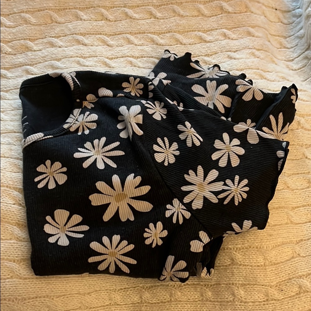 EUC SO Black Top with White Floral Pattern
